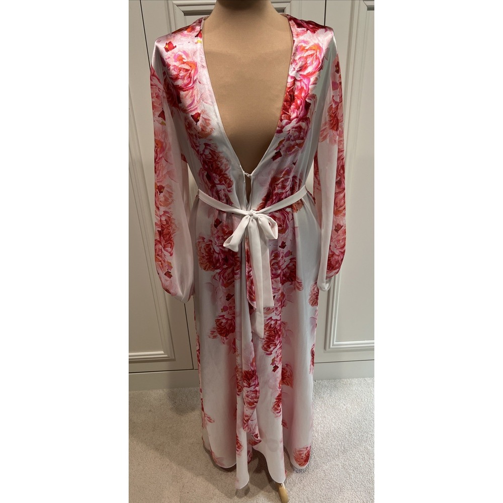 Oscar De La Renta Pink Label Floral Satin Robe Dressing Gown M Belted Romantic